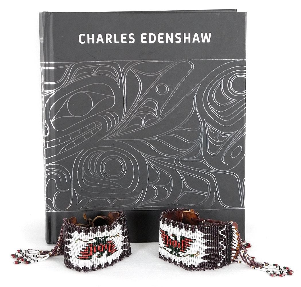 Pair of West Coast First Nations Beaded Bracelets (2 1/8"h) & Charles Edenshaw Book.: Pair of West Coast First Nations Beaded Bracelets (2 1/8"h) & Charles Edenshaw Book.