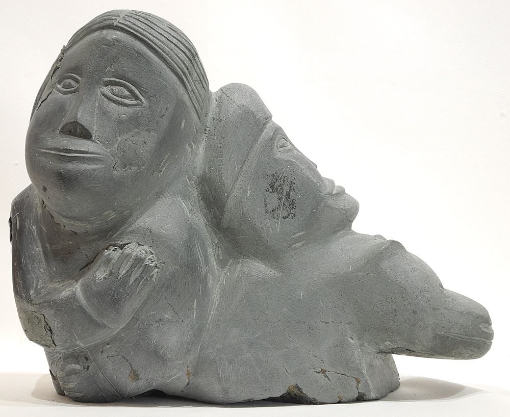 Inuit Stone Sculpture signed with Syllabics (Marie Kuunnuaq), 12" x 15" x 8", "Family Group". (1 of 3)