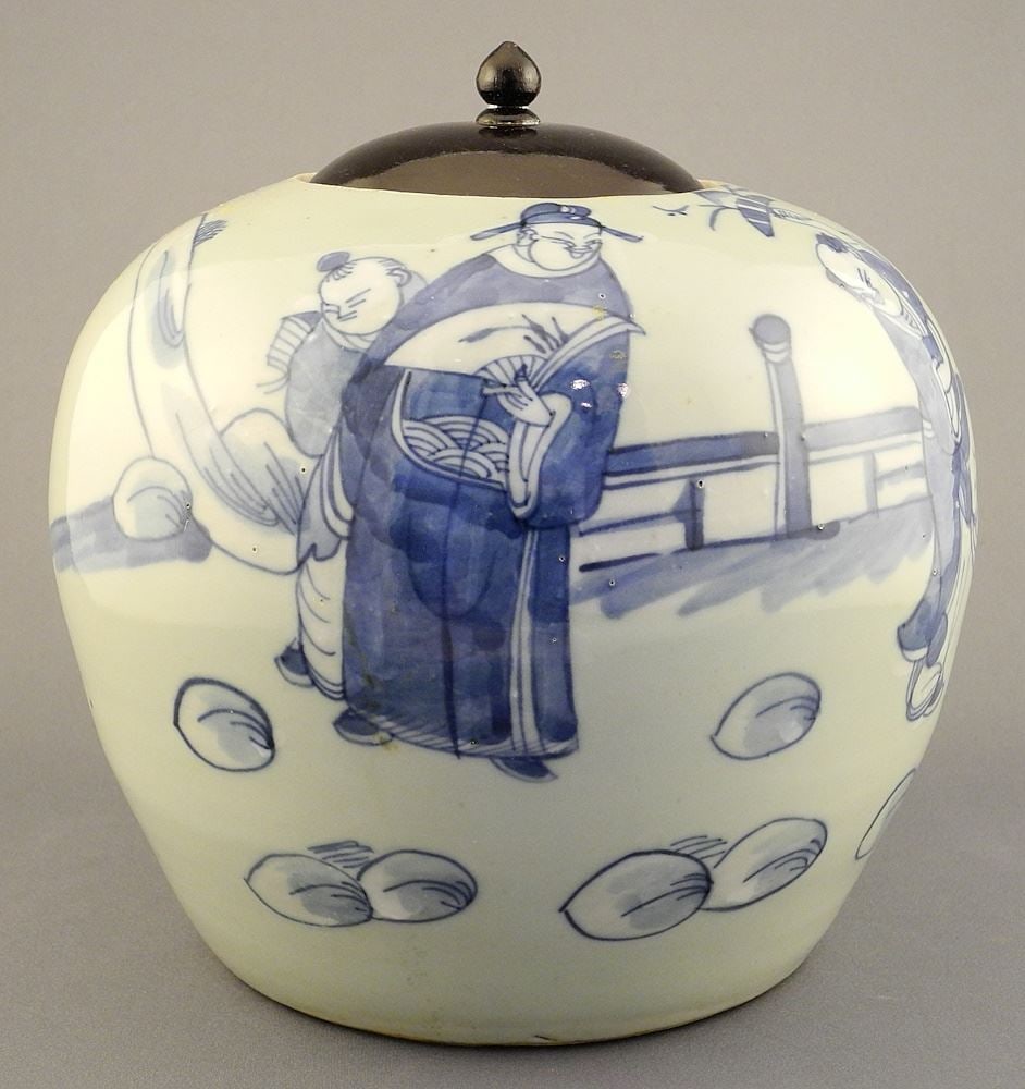 Chinese Celadon Grand Blue & White Porcelain Jar (7 3/8"h) with Later Wooden Cover.: Chinese Celadon Grand Blue & White Porcelain Jar (7 3/8"h) with Later Wooden Cover.