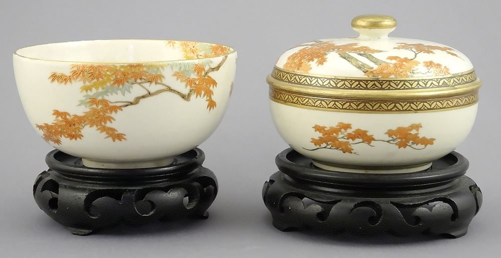 Two Satsuma Maple Leaves Covered Bowl (chipped) & Bowl with Stands, 3 7/8" & 4" Diameter. (1 of 4)