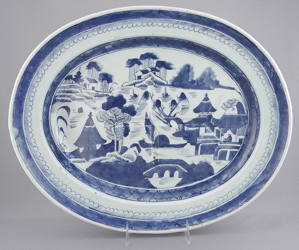 19th C.  Chinese Export Porcelain Blue & White Well & Tree Platter, 16 7/8"w. (1 of 7)