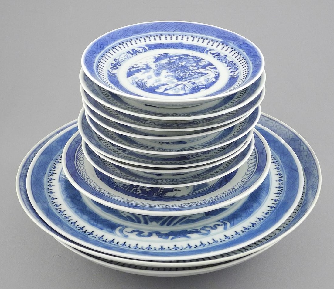Twelve 19th C. Chinese Export Porcelain Blue & White Plates, 5 1/2 - 10 1/8" Diameter. (1 of 6)