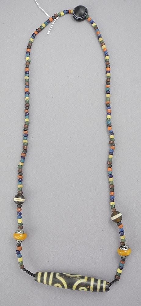 Tibetan Dzi Bead or Glass & Other Beaded Necklace Approximately 23"L.: Tibetan Dzi Bead or Glass & Other Beaded Necklace Approximately 23"L.