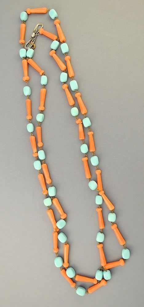 Chinese Turquoise Glass & Coral Glass Bead Necklace with 925 Moonstone Clasp, 60".: Chinese Turquoise Glass & Coral Glass Bead Necklace with 925 Moonstone Clasp, 60".