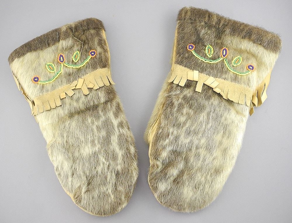 Pair of 14" Beaded Seal Skin Mitts.: Pair of 14" Beaded Seal Skin Mitts.