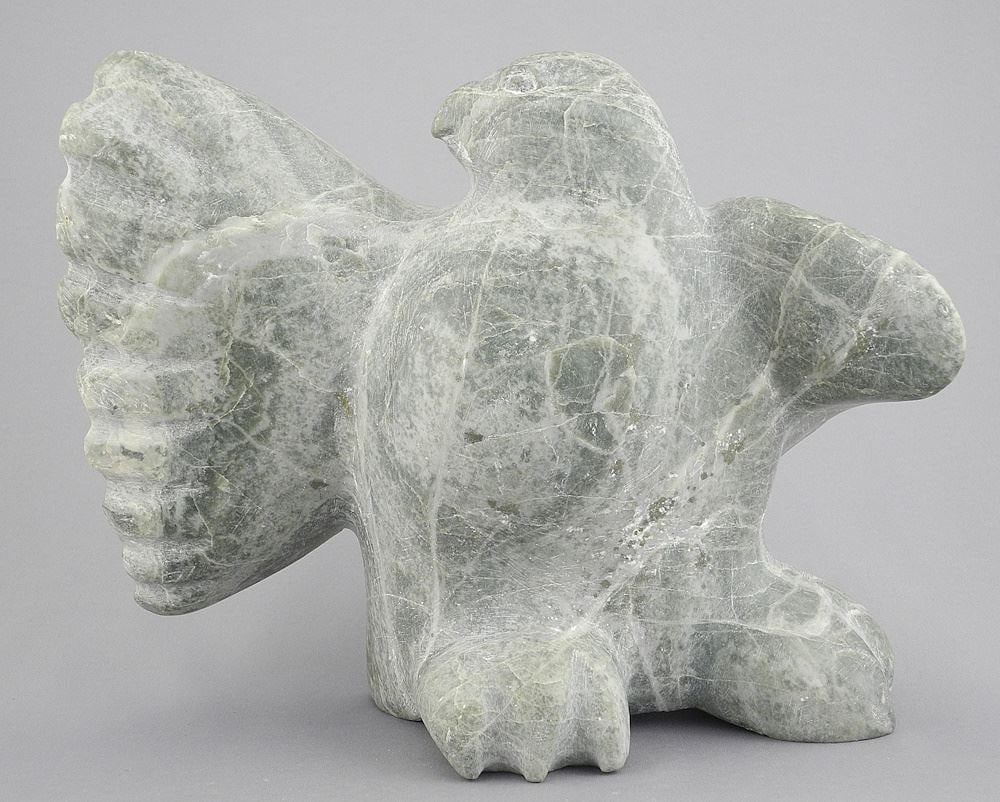 Unsigned Inuit Stone Sculpture, 7 3/4" x 9 3/4" x 3 3/4", "Bird with Raised Wing". (1 of 4)