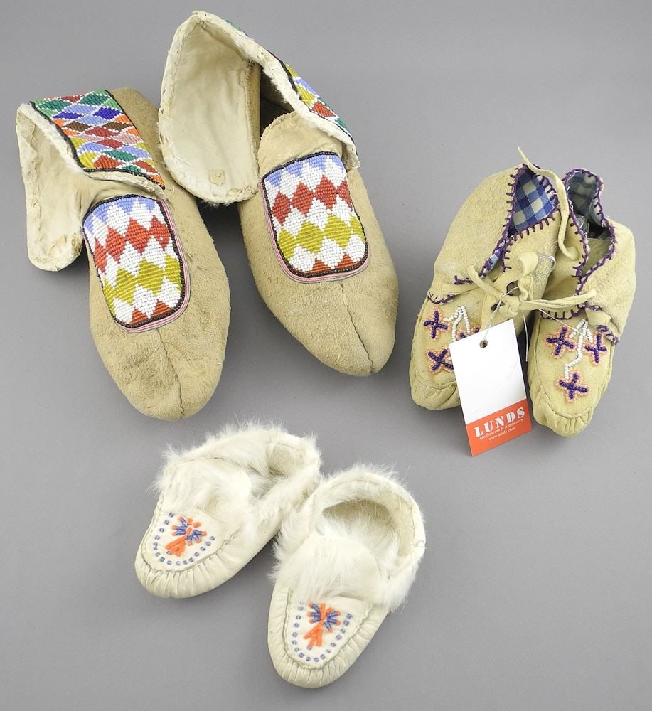Three Pair of Beaded Moccasins & Child's Booties, 4 1/4" - 9 1/4"L. (1 of 3)