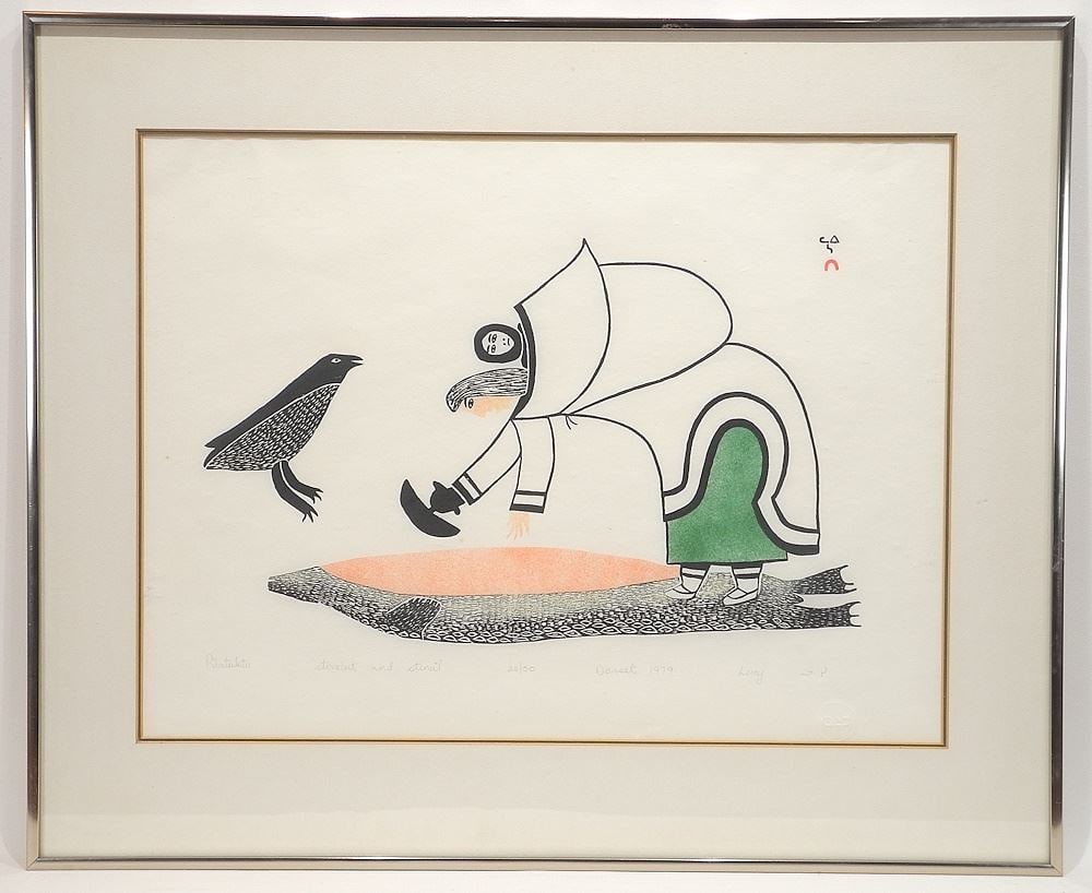 Dorset Print signed Lucy (Qinnuayuak), 16 1/2" x 22", "Pilatuktu" #22/50, 1979.: Dorset Print signed Lucy (Qinnuayuak), 16 1/2" x 22", "Pilatuktu" #22/50, 1979.