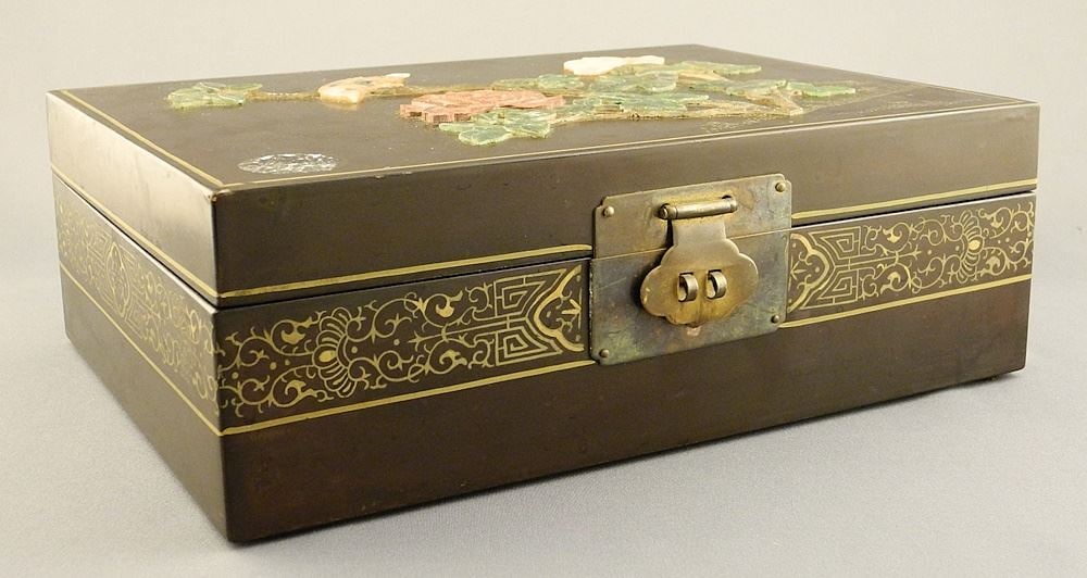 Chinese Gilt Lacquer Hardstone Jewelry Box, 3 3/4" x 11 1/8" x 8". (1 of 4)