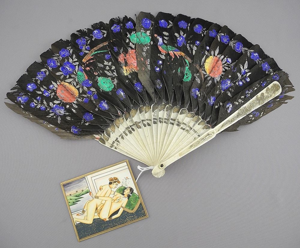 Painted Feather Fan with Bone Sticks & Indian Miniature, 9 1/4"L & 3 3/4" W, NO EXPORT.: Painted Feather Fan with Bone Sticks & Indian Miniature, 9 1/4"L & 3 3/4" W, NO EXPORT.