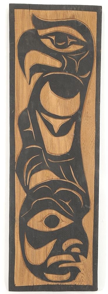 Coast Salish "Eagle & Man" Plaque signed Steve Charlie, 24" x 7 1/2". (1 of 2)