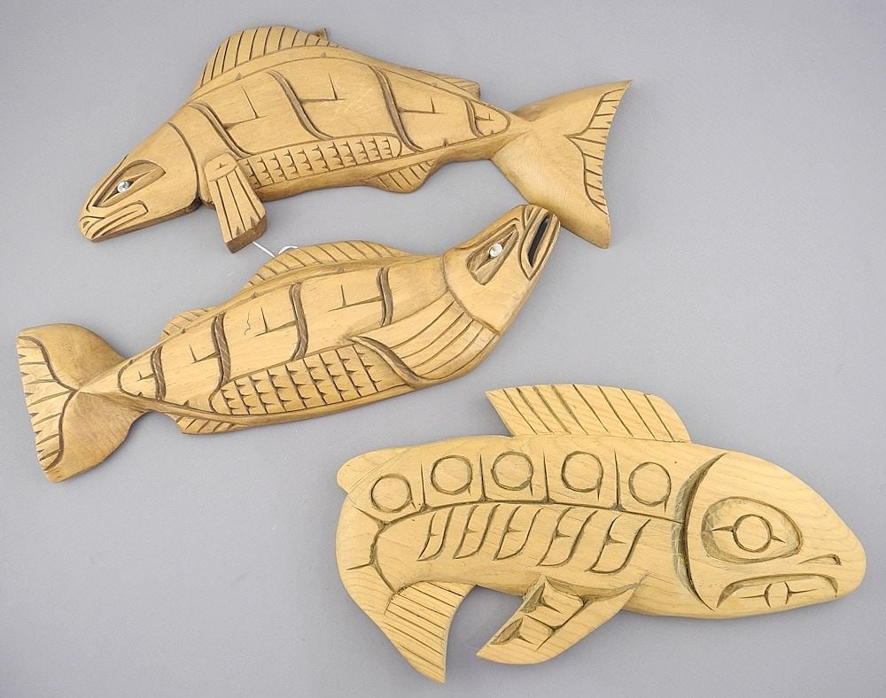 3 Ahousaht Fish Carvings signed Benson & Dan Bill, 11 1/4" - 13 1/2" L.: 3 Ahousaht Fish Carvings signed Benson & Dan Bill, 11 1/4" - 13 1/2" L.