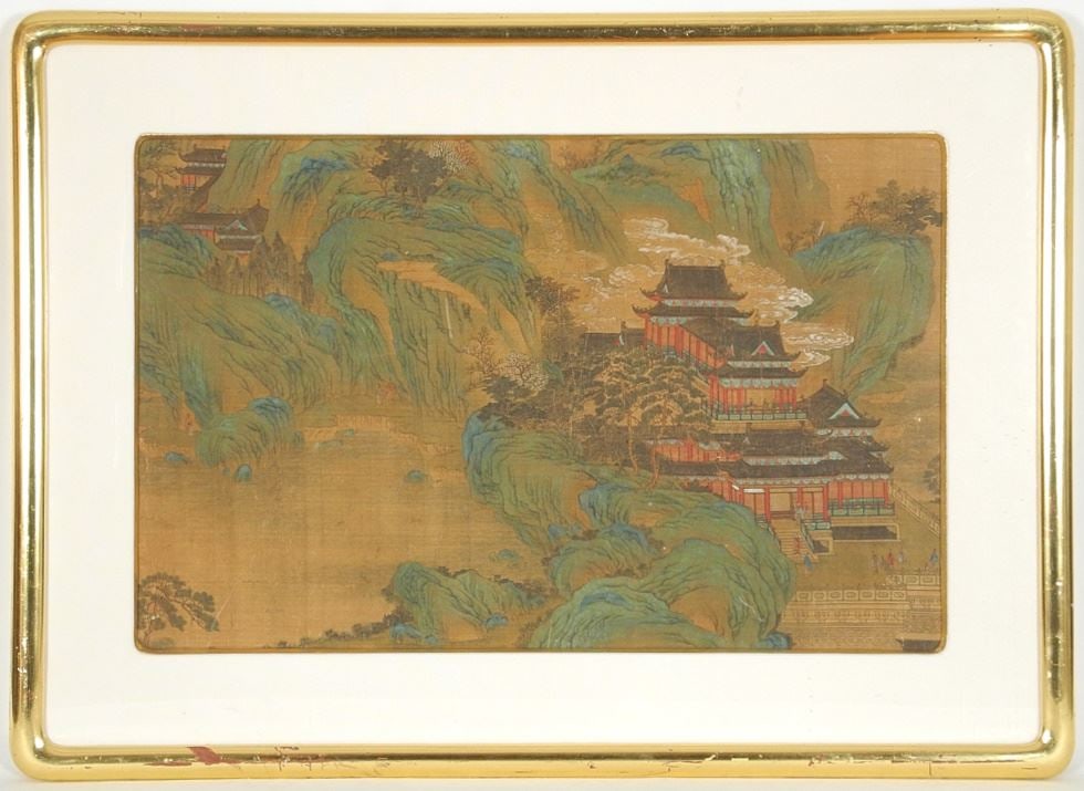 Ming Ink & Colour on Paper, 15 3/4" x 24 1/2", "Mountainous Pavilion Complex".: Ming Ink & Colour on Paper, 15 3/4" x 24 1/2", "Mountainous Pavilion Complex".