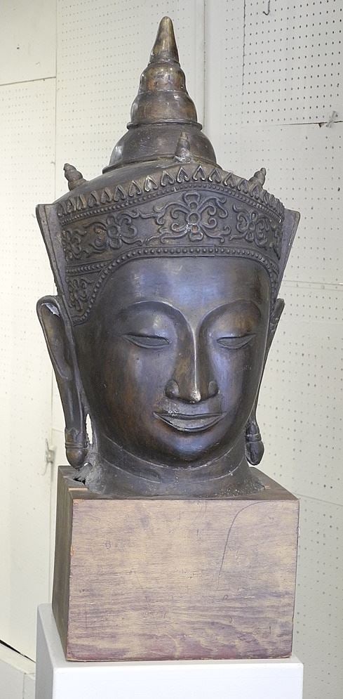 Copper Alloy Head of the Buddha (24" h) on Wood Stand, 30 3/4"h. (1 of 7)