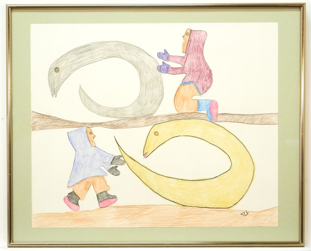 Coloured Pencil Drawing signed with Syllabics by Mary Ayaq Nowtalik, "Figures & Birds", 14" x 1: Coloured Pencil Drawing signed with Syllabics by Mary Ayaq Nowtalik, "Figures & Birds", 14" x 1