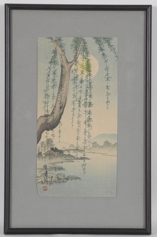 Woodblock Print by Hiroshige, 10 1/8" x 5 1/8", "Weeping Willow & Full Moon". (1 of 3)