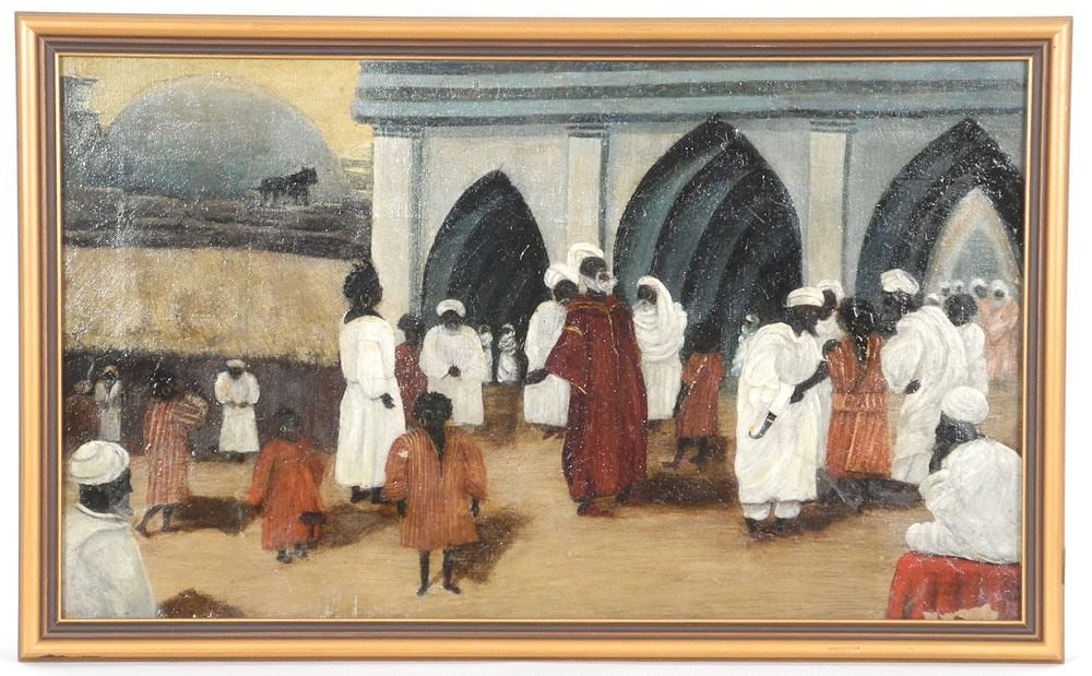 Unsigned Oil on Canvas, 11 1/2" x 19 1/2", 'North African Market'.: Unsigned Oil on Canvas, 11 1/2" x 19 1/2", 'North African Market'.