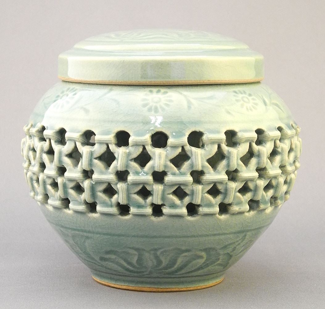 Korean Celadon Covered Vase, Double Walled, 5 1/8"h. (1 of 3)