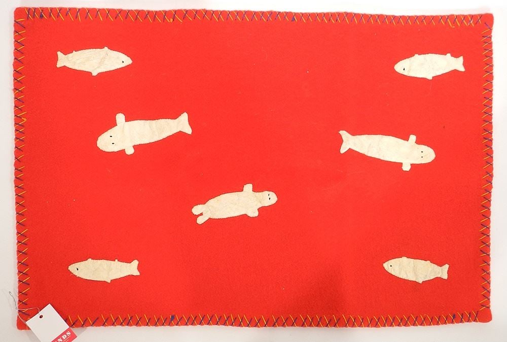 Inuit Felt and Seal Skin Embroidery Panel with Label.: Inuit Felt and Seal Skin Embroidery Panel with Label.