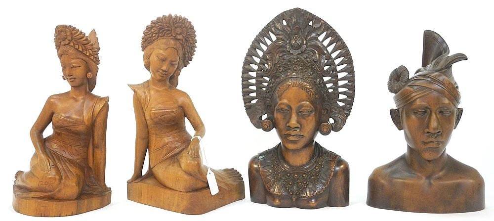 4 Balinese Hardwood Bust Carvings, 12" - 13 1/4"h.: 4 Balinese Hardwood Bust Carvings, 12" - 13 1/4"h.