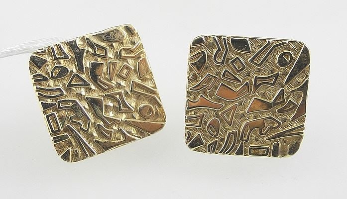 Pair of 14K (marked) Yellow Gold Square Textured Earrings, 3/4"w, 6.5g. (1 of 3)