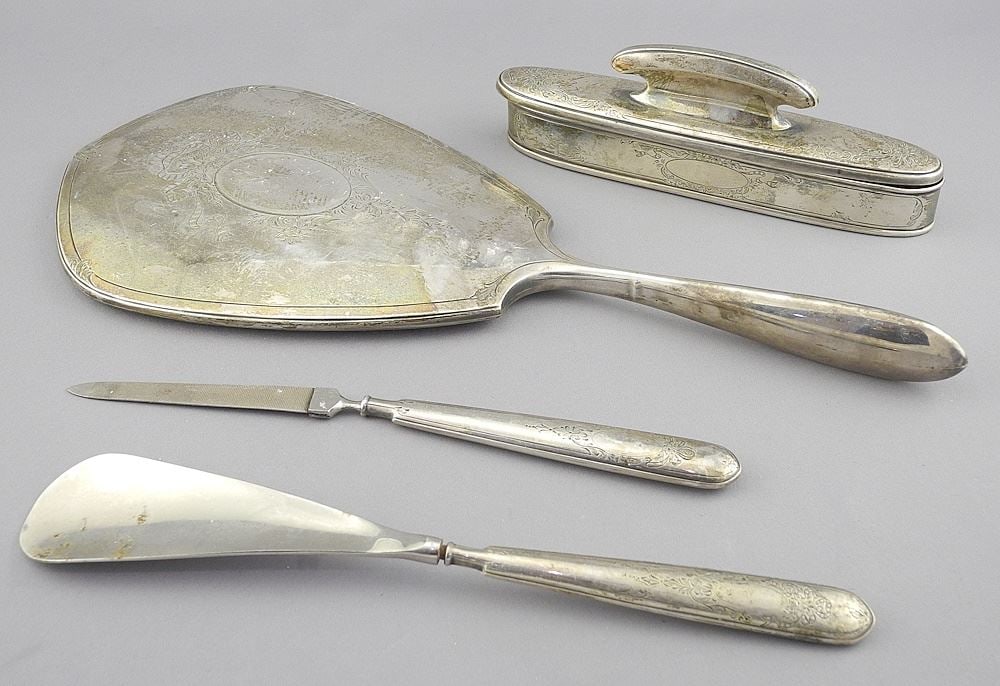 Birks 4 Piece Sterling Silver Dresser Set, 12 3/8"L, TW 640g. (1 of 4)