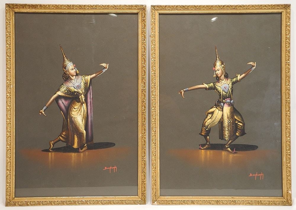 Pair of Pastel on paper signed Boonsong, 20 3/4" x 13 3/4", "Thai Dancers".: Pair of Pastel on paper signed Boonsong, 20 3/4" x 13 3/4", "Thai Dancers".