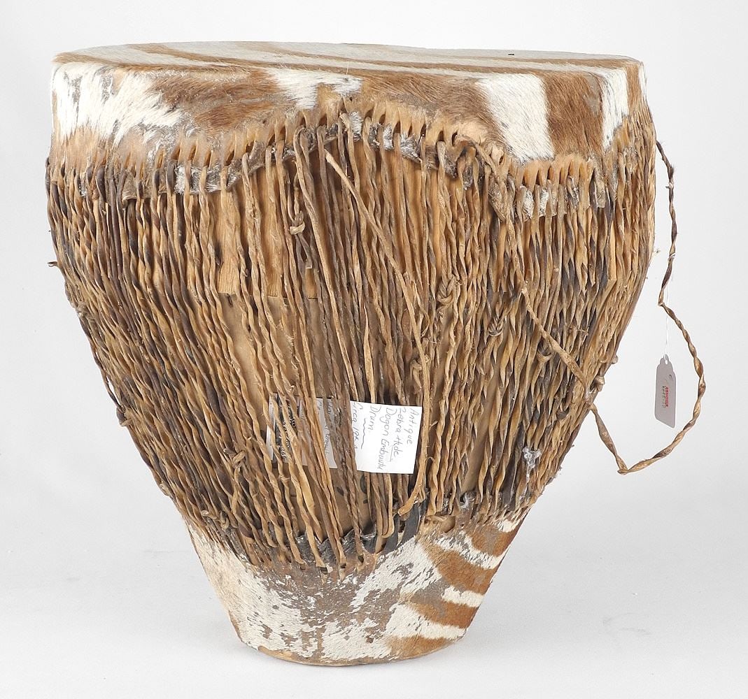 African Zebra Hide Drum, 14 1/2" Diameter, 14 3/4"h. (1 of 3)