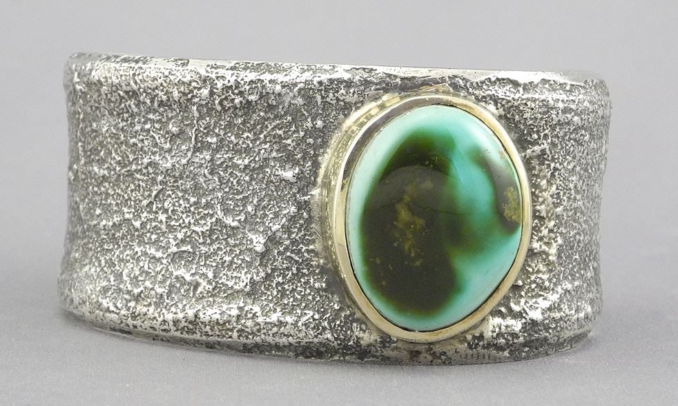 Signed Modernist Silver & Gold Cabochon Cuff Bracelet, 93g. (1 of 3)