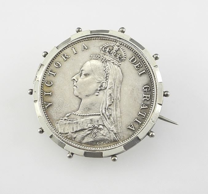 1888 Silver Half Crown Mounted as a Brooch, 1 1/2" Diameter, 17.28g.: 1888 Silver Half Crown Mounted as a Brooch, 1 1/2" Diameter, 17.28g.