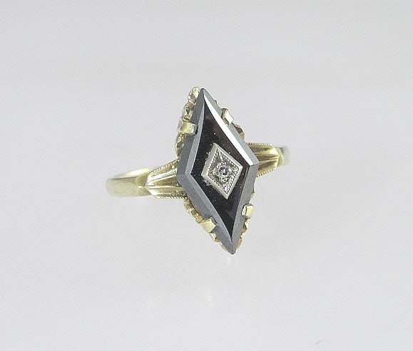 10K (marked) Yellow Gold Hematite & Diamond Ring, Size 6 1/4, 2.6g. (1 of 4)