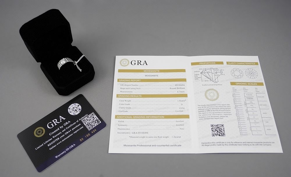 Sterling Silver with White Gold Overlay 1c Moissanite Ring, Size 10 with Certificate.: Sterling Silver with White Gold Overlay 1c Moissanite Ring, Size 10 with Certificate.