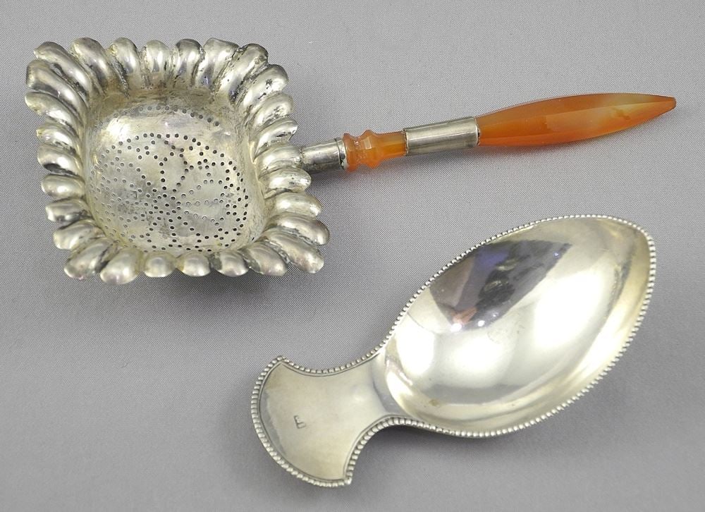 Dutch Silver Tea Scoop & Silver Agate Strainer Spoon, 3" & 5"L, 32g. (1 of 2)