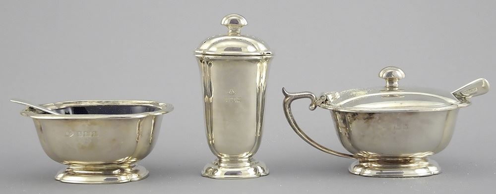 3 Piece Hallmarked Silver Condiment Set, Birmingham, 155g (no liners). (1 of 4)