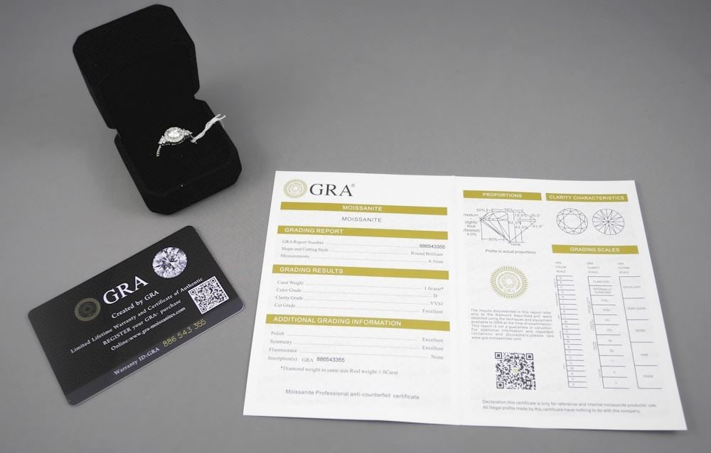 Sterling Silver with White Gold Overlay 1c Moissanite Ring with Certificate.: Sterling Silver with White Gold Overlay 1c Moissanite Ring with Certificate.