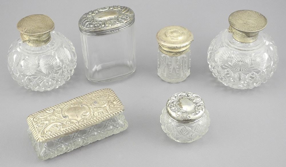 Collection of 6 Crystal & Sterling Silver Lid Dresser Boxes. (1 of 4)