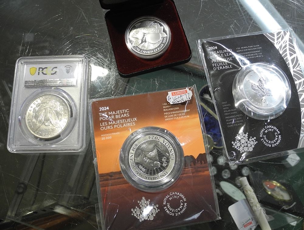 1881 USA Morgan Dollar/ Two 2024 Silver Maple Leafs / 1996 McIntosh. (1 of 4)