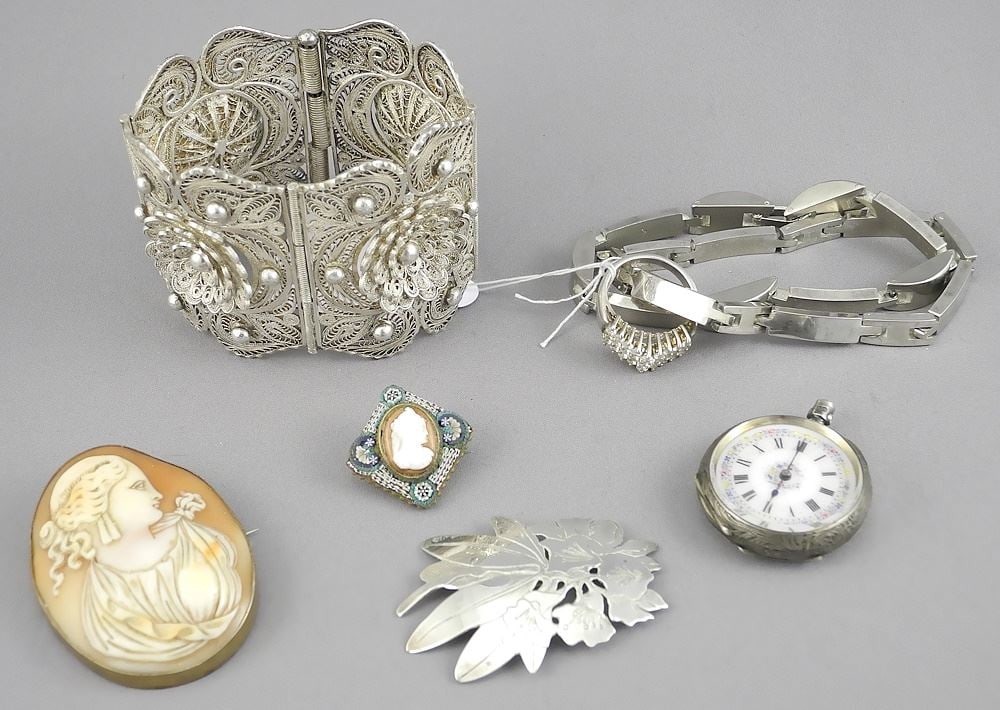 Collection of Sterling Silver (marked variously)/.800 Filigree/ Old Cameo, 93g.: Collection of Sterling Silver (marked variously)/.800 Filigree/ Old Cameo, 93g.
