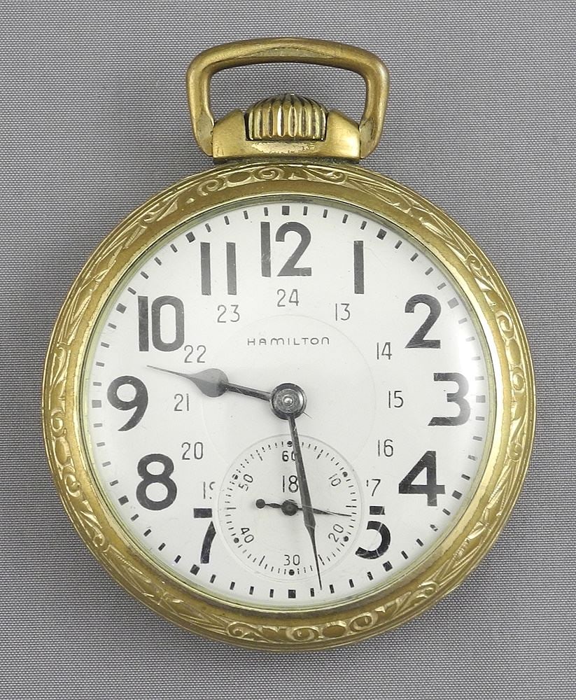 Gold Plated Hamilton Pocket Watch, 2" Diameter. (1 of 4)