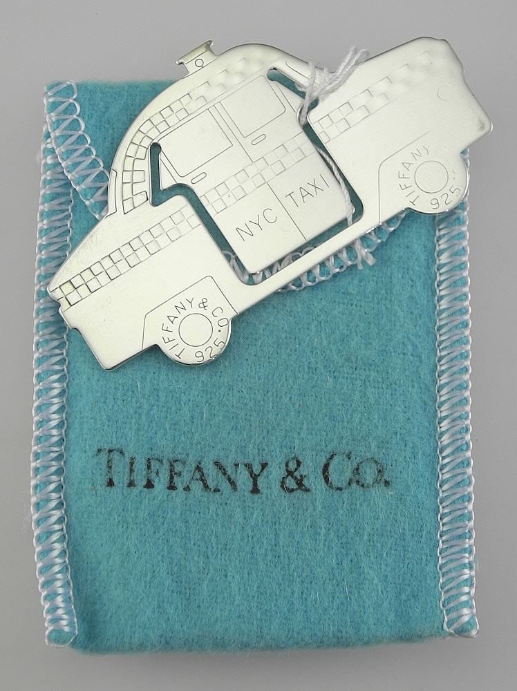 Tiffany & Co. Sterling Silver (marked) "NYC Taxi" Bookmark with Pouch, 7.9g.: Tiffany & Co. Sterling Silver (marked) "NYC Taxi" Bookmark with Pouch, 7.9g.