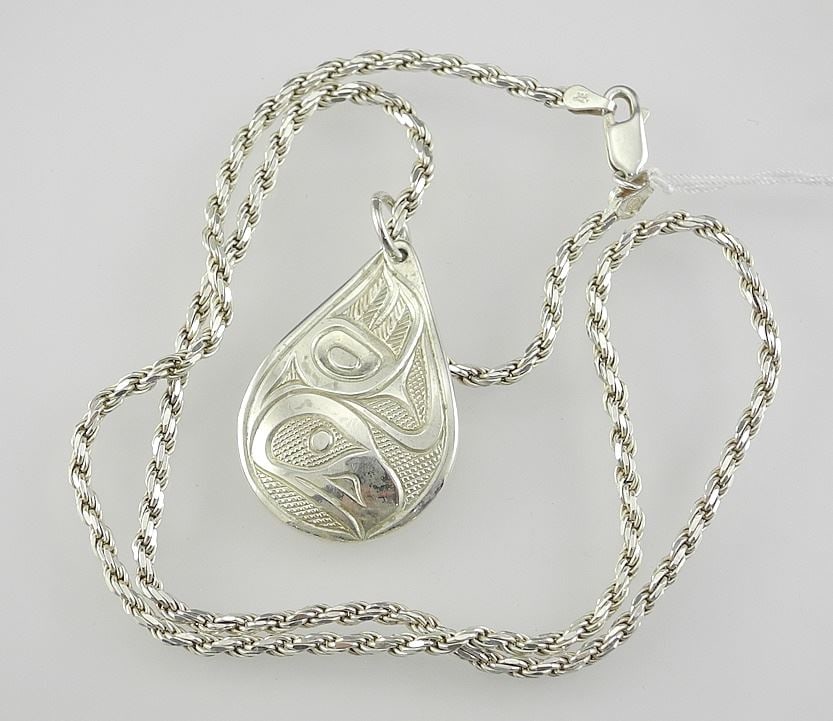 Tsimshian Silver Pendant signed A. (Alex) Helin on Sterling Chain, 18"L , TW 18.9g. (1 of 3)