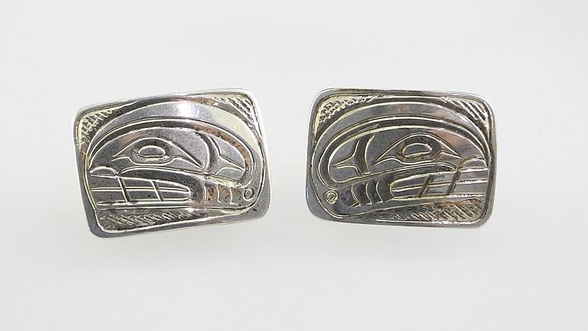 Pair of Kwagiulth Silver "Orca" Cufflinks Monogrammed DL (Don Lancaster, 7/8", 7.5g.: Pair of Kwagiulth Silver "Orca" Cufflinks Monogrammed DL (Don Lancaster, 7/8", 7.5g.