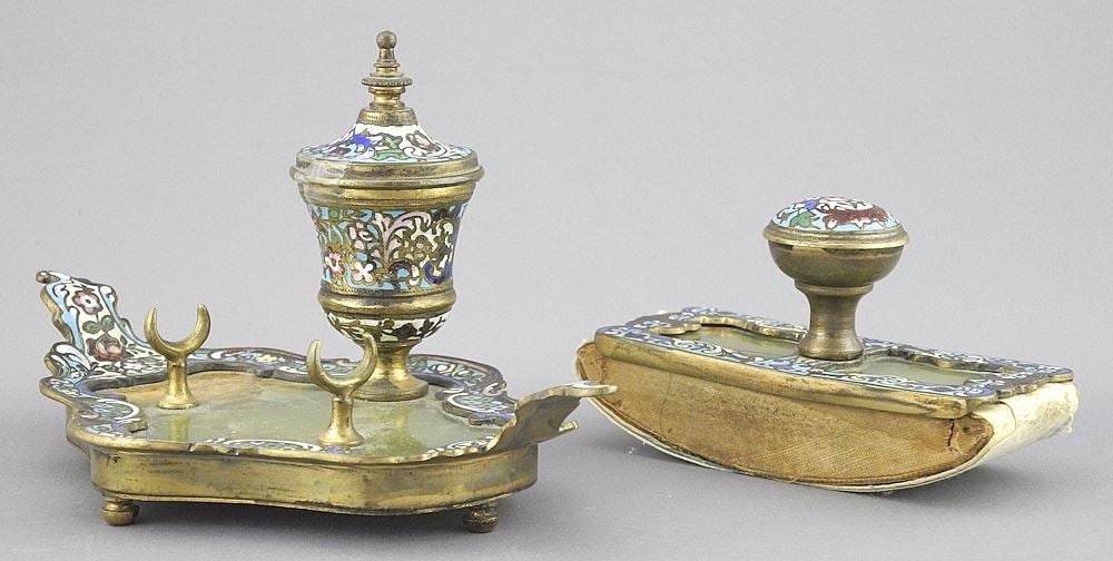 French Champleve & Onyx Inkwell (4" x 7 1/2" x 4 1/8") & Blotter. (1 of 7)