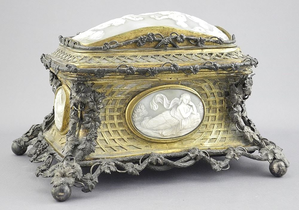 French Shell Cameo Box with Gilt & Cast Metal Work, 4 3/4" x 8 1/8" x 6". (1 of 11)