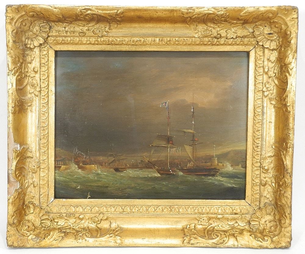 Oil on Wood signed A. Van de Velde, 9 1/2" x 12 3/8", "Harbour Scene". (1 of 11)