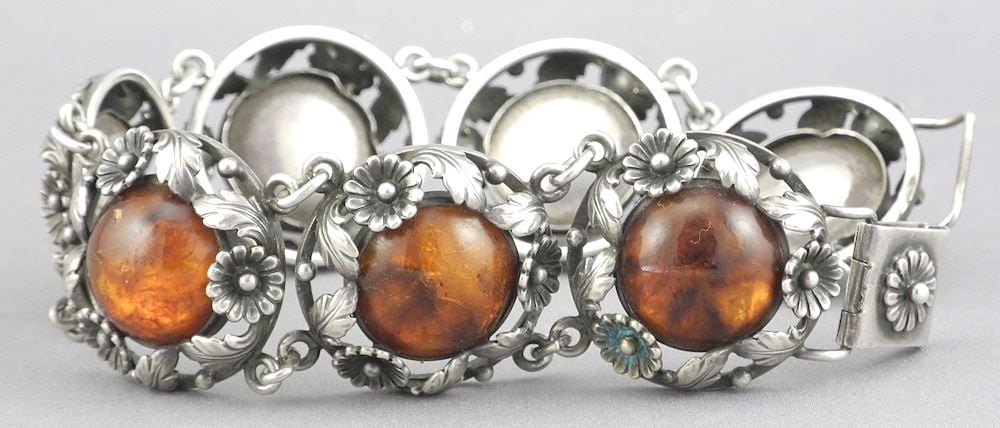 N.E.From Denmark Sterling (marked) Silver & Amber Bracelet, 8"L, 44.3g. (1 of 6)