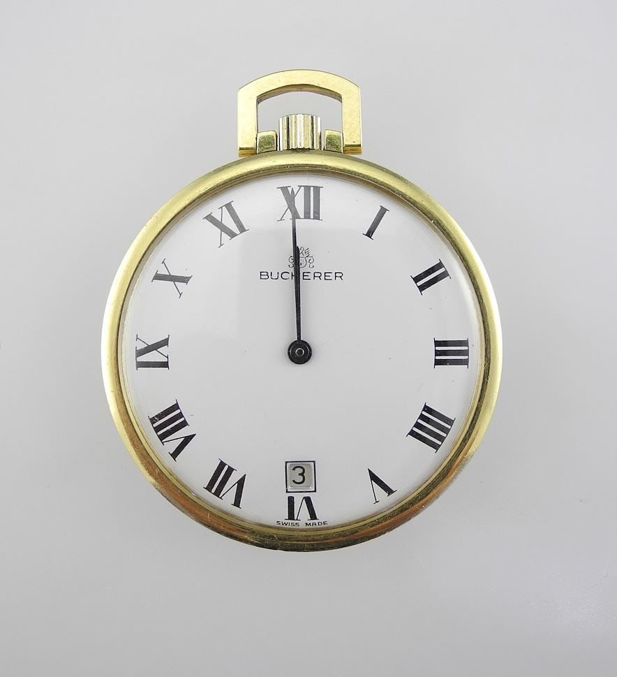 Bucherer 18K (marked) Gold Pocket Watch, 1 1/2" Diameter, 24.1g.: Bucherer 18K (marked) Gold Pocket Watch, 1 1/2" Diameter, 24.1g.