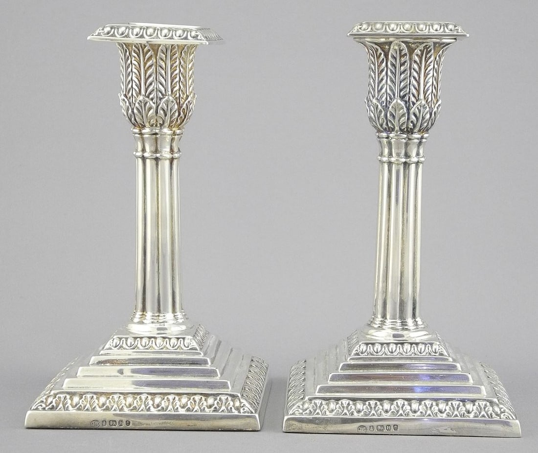 Hallmarked Corinthian Column Candlesticks (removable nozzles), 5 5/8"h, TW 568g. (1 of 8)