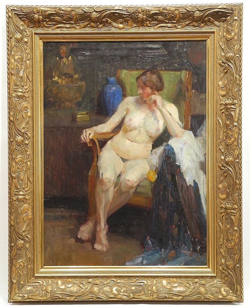 Oil on Board Monogrammed OL, 27" x 19 5/8", "Woman in Chair with Blue Vase". (1 of 12)