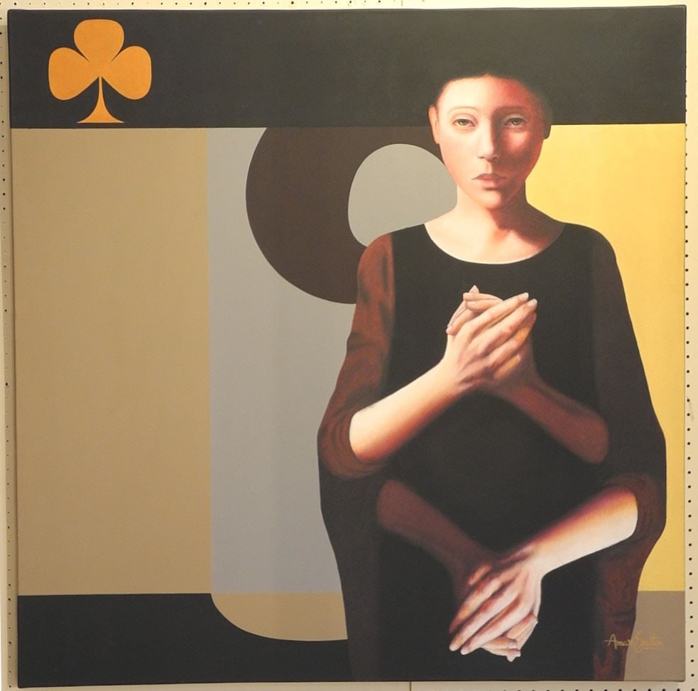 Oil on Canvas signed Amar Sulton, Verso, 46" x 45 1/2", "Clubs & Clasped Hands".: Oil on Canvas signed Amar Sulton, Verso, 46" x 45 1/2", "Clubs & Clasped Hands".